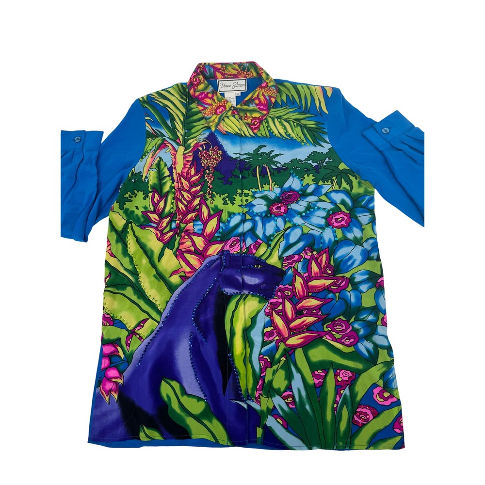 Vintage Diane Gilman Silk Panther Blouse Womens M Blue Jungle Sequin Art Wear